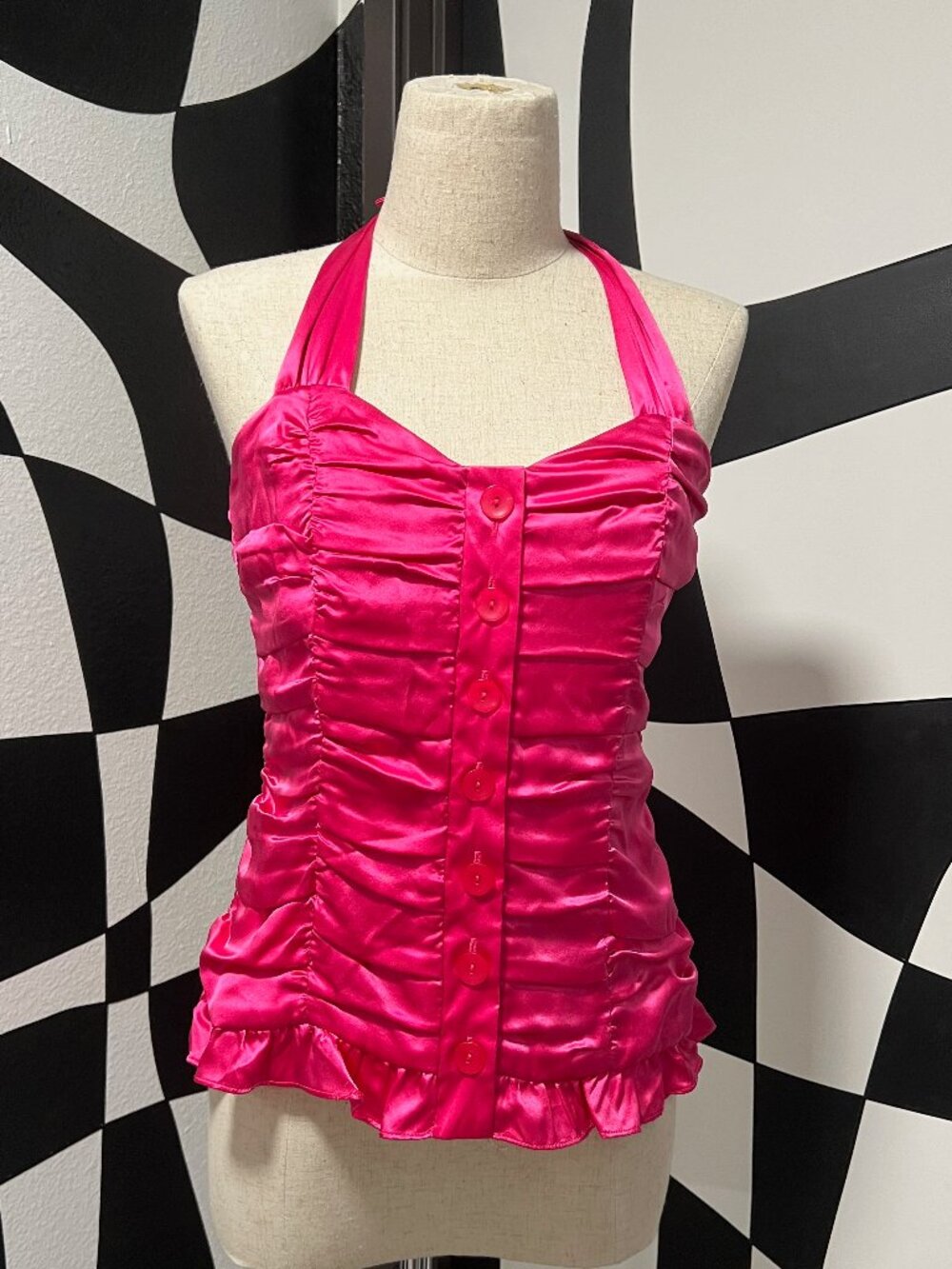 EUC Y2K INC Int. Concepts Silk Ruched Back Halter Top Button Front Pink Top 2